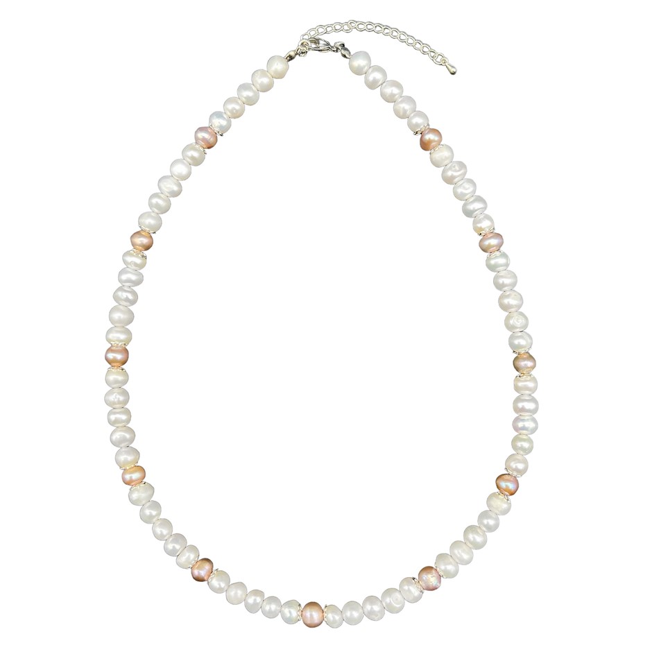 Mix Shape 7-8mm White & Pink Pearls Platinum Plated Necklace.