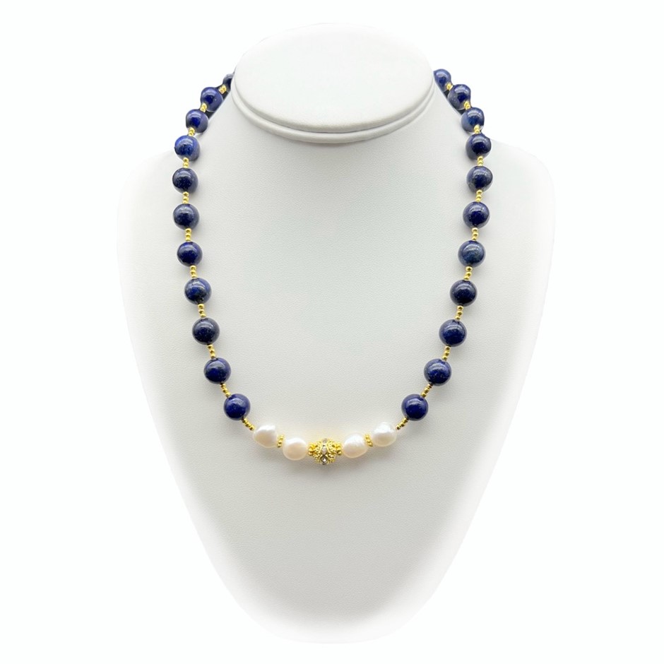 Flat Edge Baroque, Lapis Lazuli & Rhinestone 18k Gold Plated Necklace