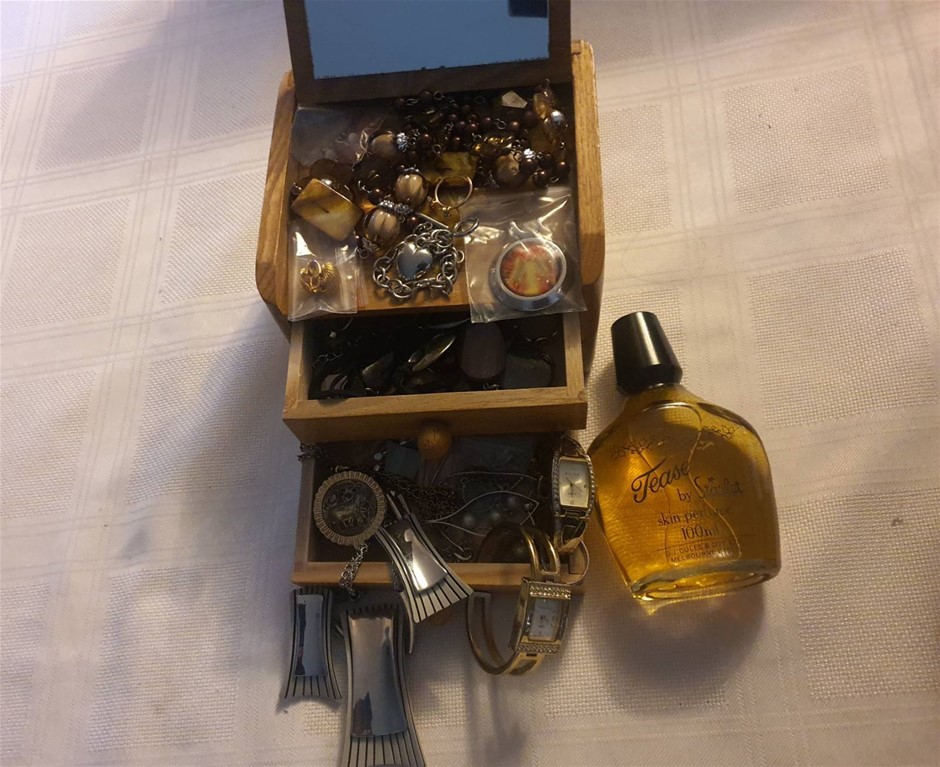 Jewelry Box with Assorted Jewelries , perfumeAnd Watches. Used