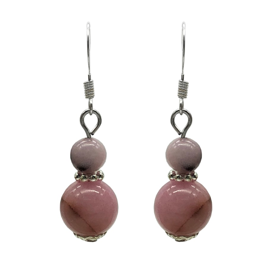 6-10mm Round Cherry Blossom Jasper Silver Plated Drop Earrings