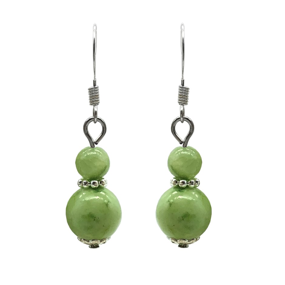 6-10mm Round Light Green Flower Jade Silver Plated Drop Earrings