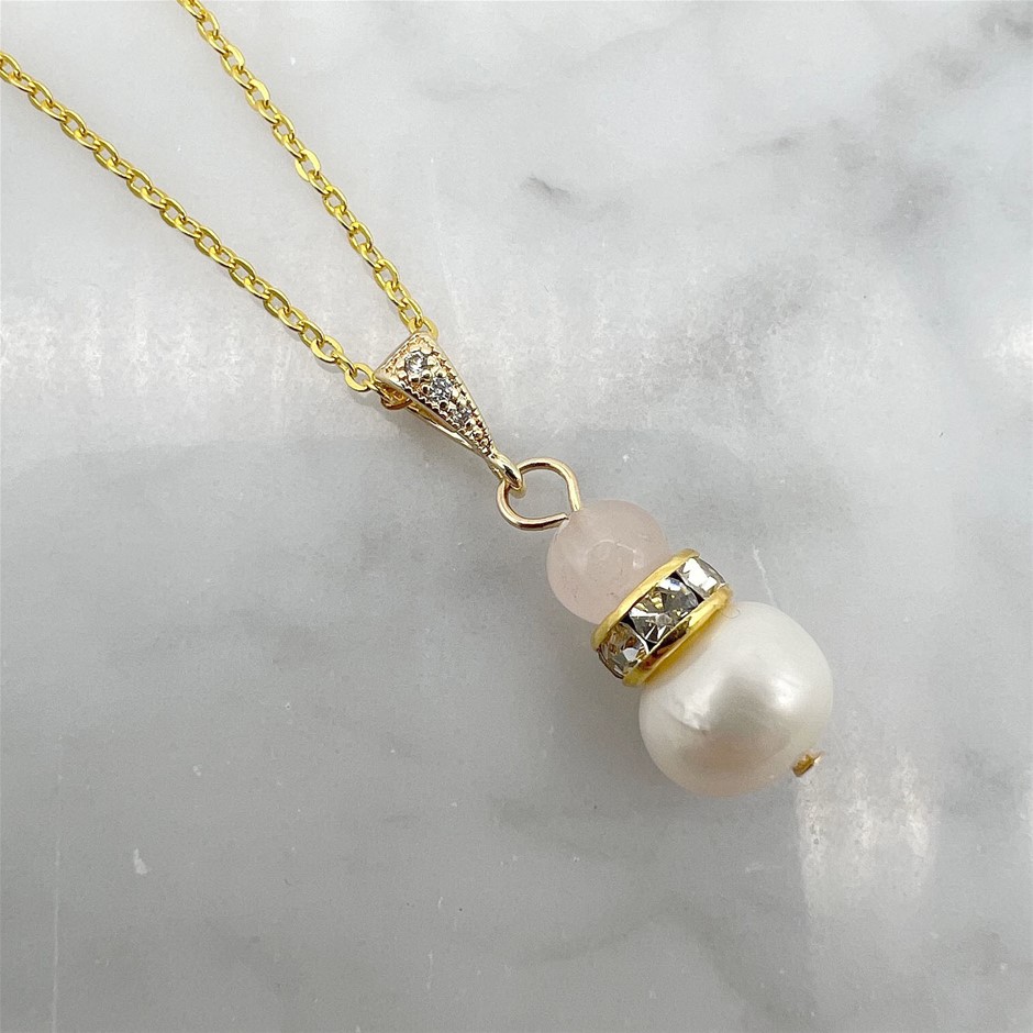 Pearl & Rose Quartz Gemstone Gold Plated Pendant Necklace