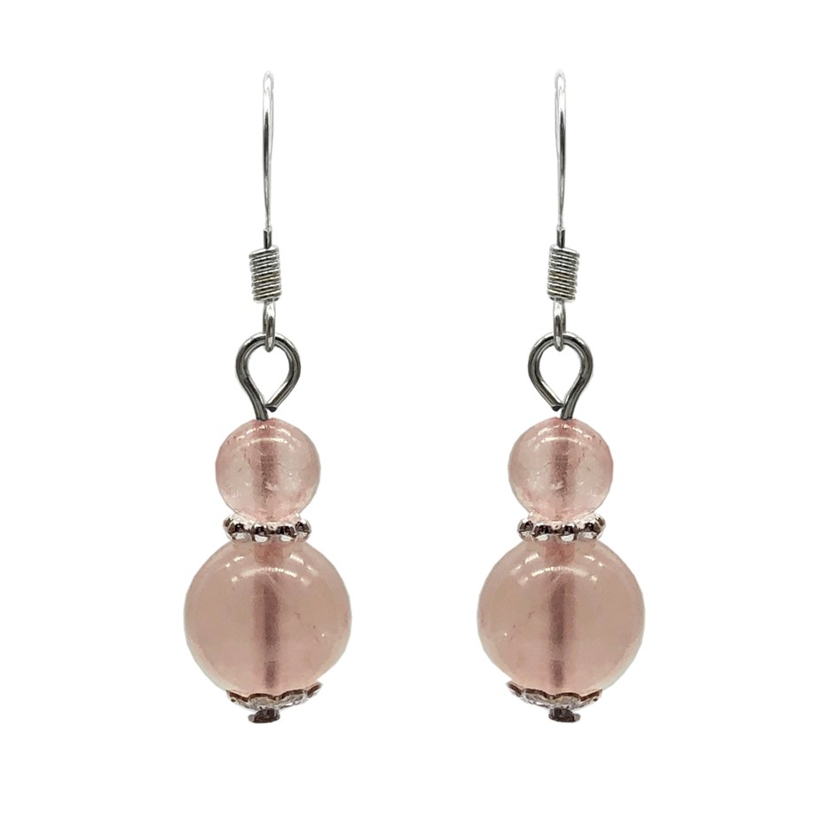 6-10mm Round Rose Quartz Silver Plated Drop Earrings