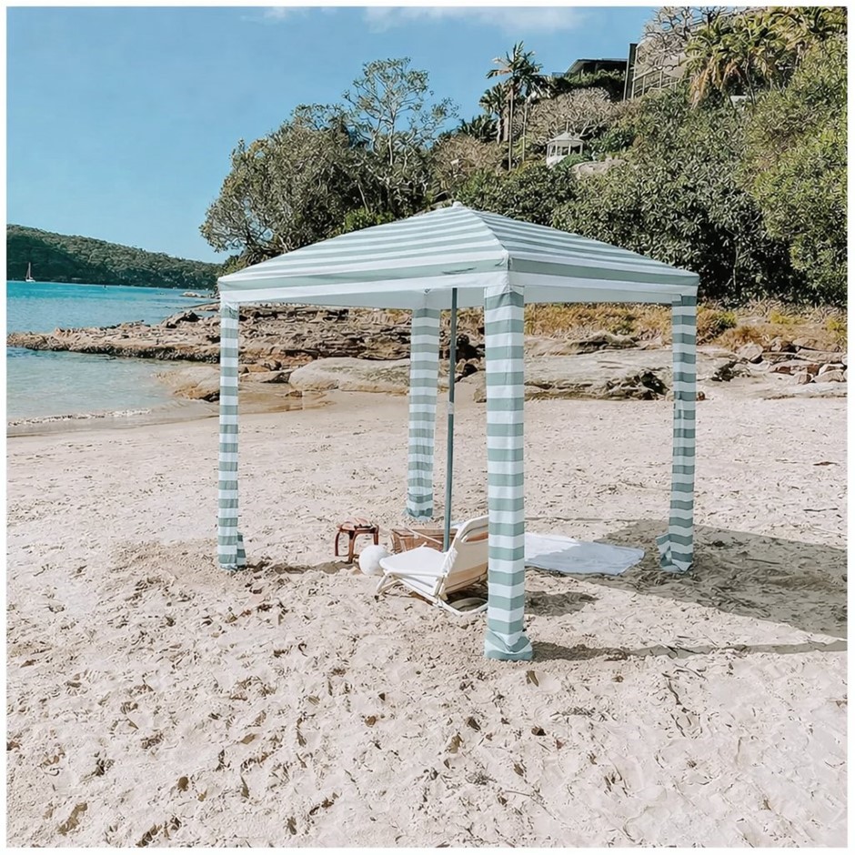 COCONUT GROVE Family Beach Cabana, 2m Wide, Sage Stripes. NB: minor use, un