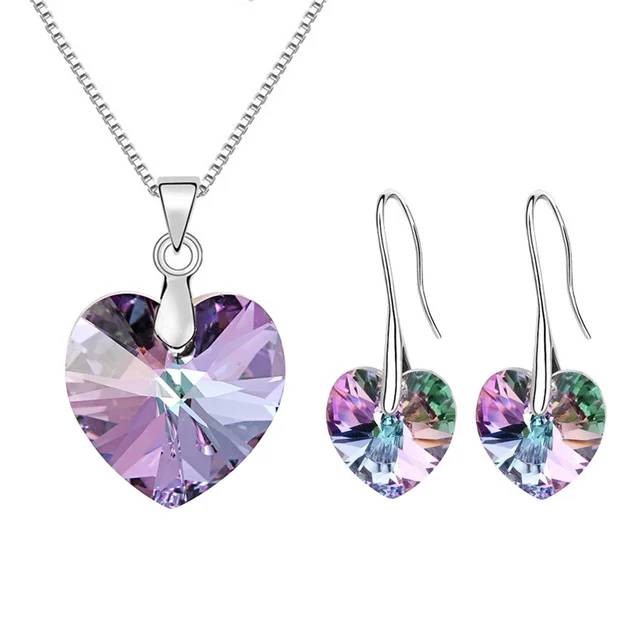 Designer Blue Purple Love Heart Necklace & Earring Set in Silver