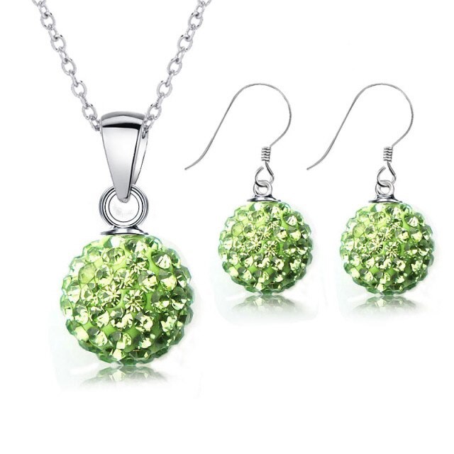 925 Sterling Silver Green Crystal Disco Ball Earring & Necklace Set