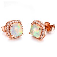 Stunning Square Simulated White Opal Bridal Stud Earrings in Rose