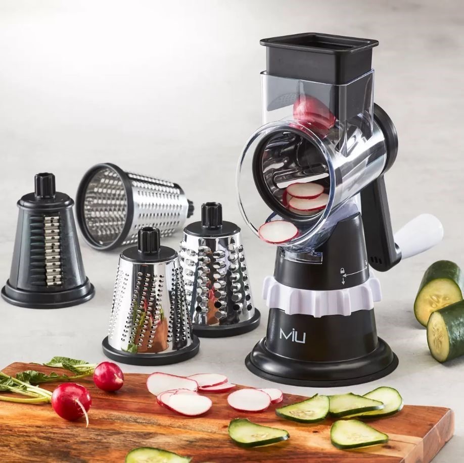 MIU Rotary Food Grater w/ 5-Piece Stainless Steel Drums. NB: Damaged packag
