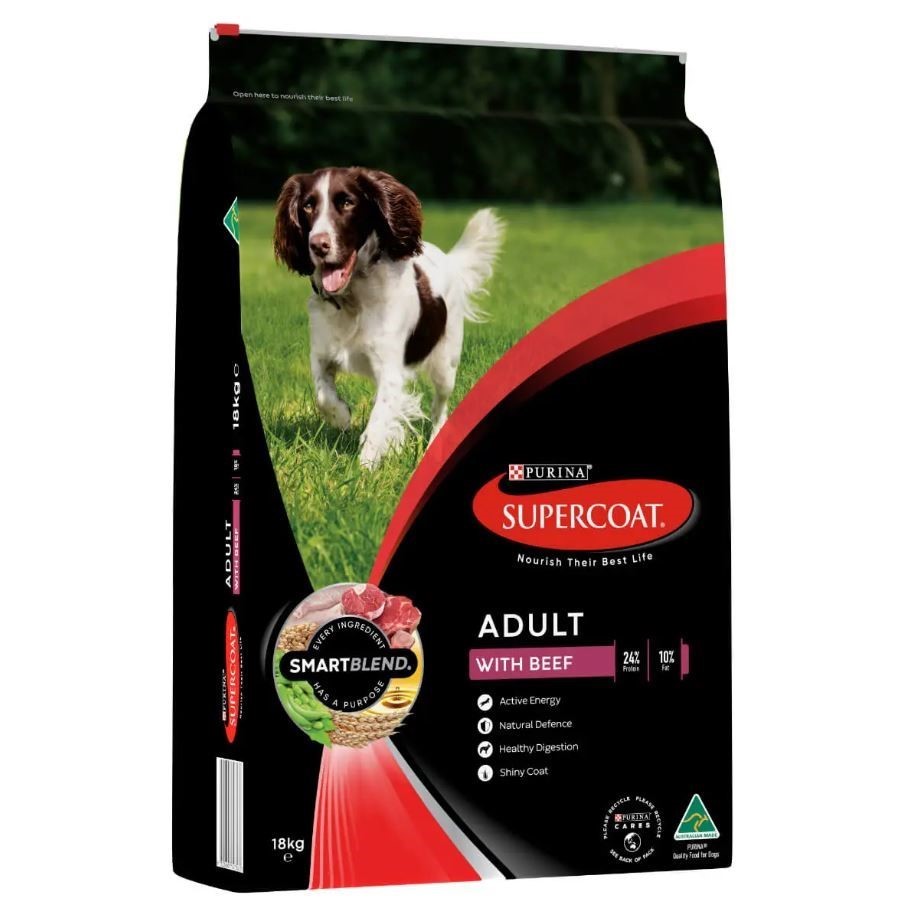 PURINA Supercoat Adult w/ Real Beef Dog Food, 18kg. NB: Damaged packaging.