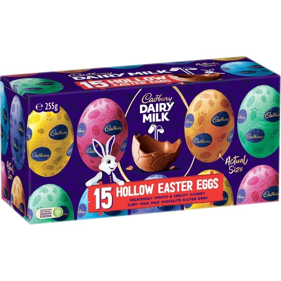 3 x Pack of 15pc CADBURY Hollow Easter Eggs, 255g. N.B: Damaged packaging.
