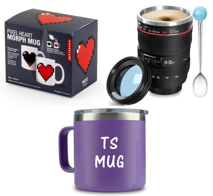 3 x Assorted Mugs/Cups Including KIKKERLAND Pixel Heart Morphing Mug, CHASI