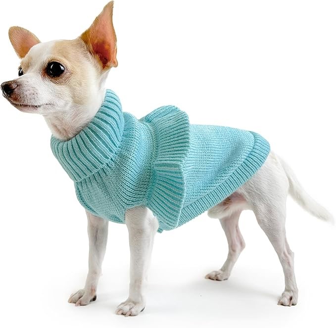 HUSKIMO Frill Knit Dog Jumper, Tiffany Blue, 40cm.
