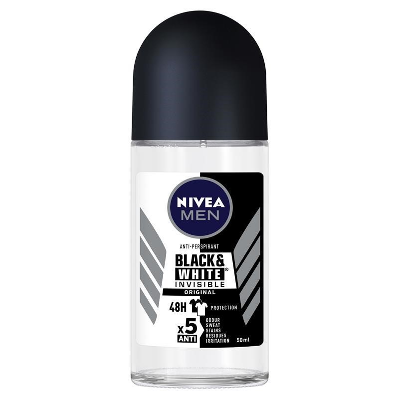 6 x NIVEA Men's Black & White Invisible 48H Roll On Deodorant, 50ml.