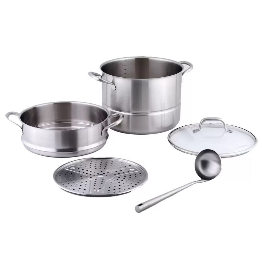 STEAMER POT w/ Ladle, 28cm, 12L, 5 Pc Set, Stainless Steel, Glass Lid. N.B: