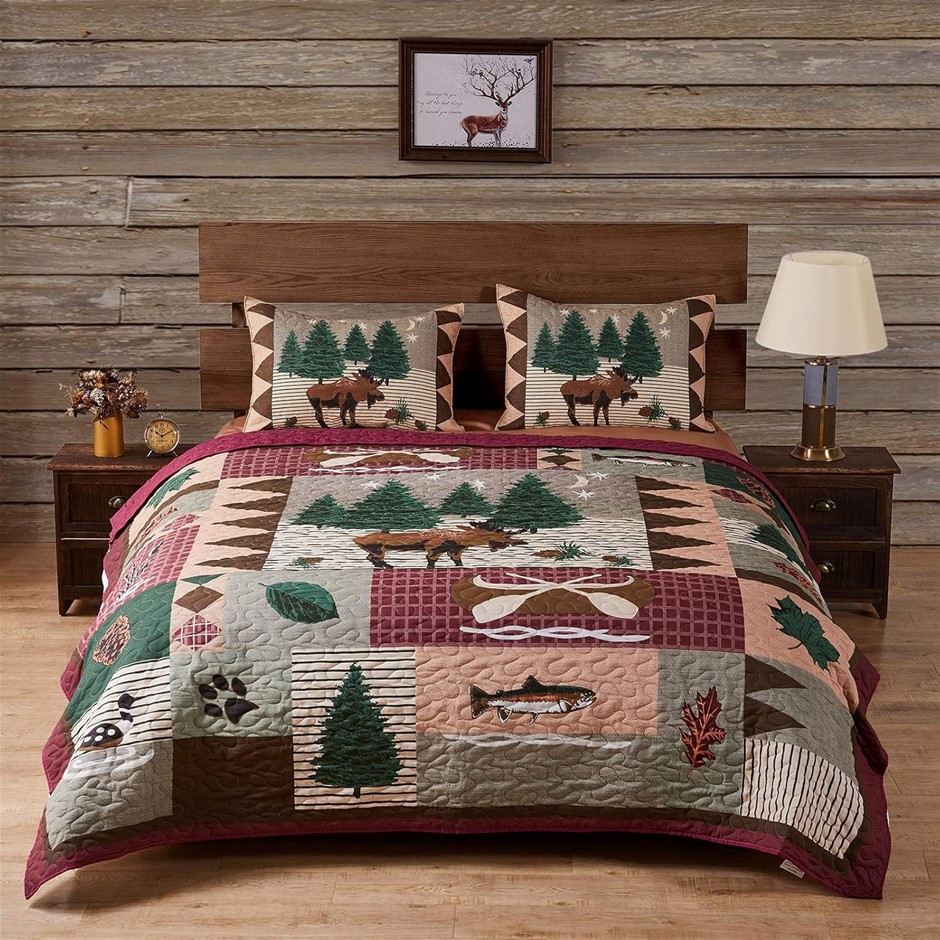 GREENLAND HOME Moose Lodge Quilt Cover Set, Polyester Blend, Queen, Multi.