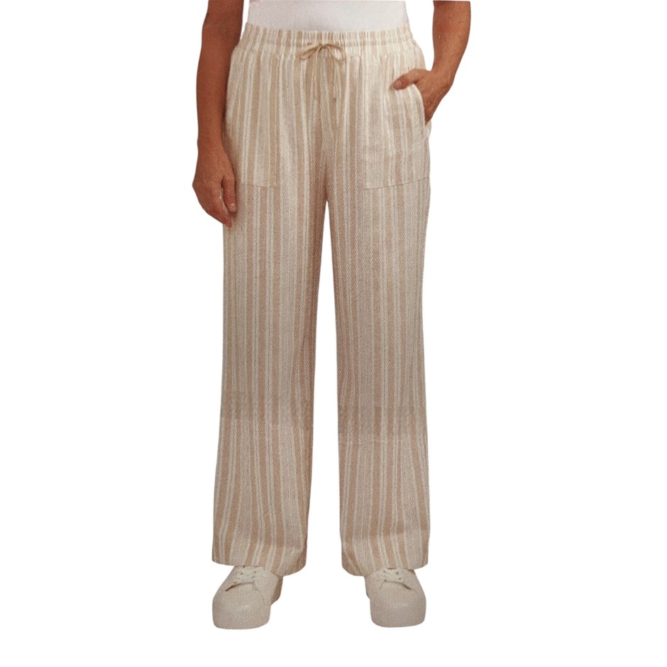 TEDDI ROSE Women's Wide Leg Pant, Size L, 55% Linen, Desert Tan Stripe.
