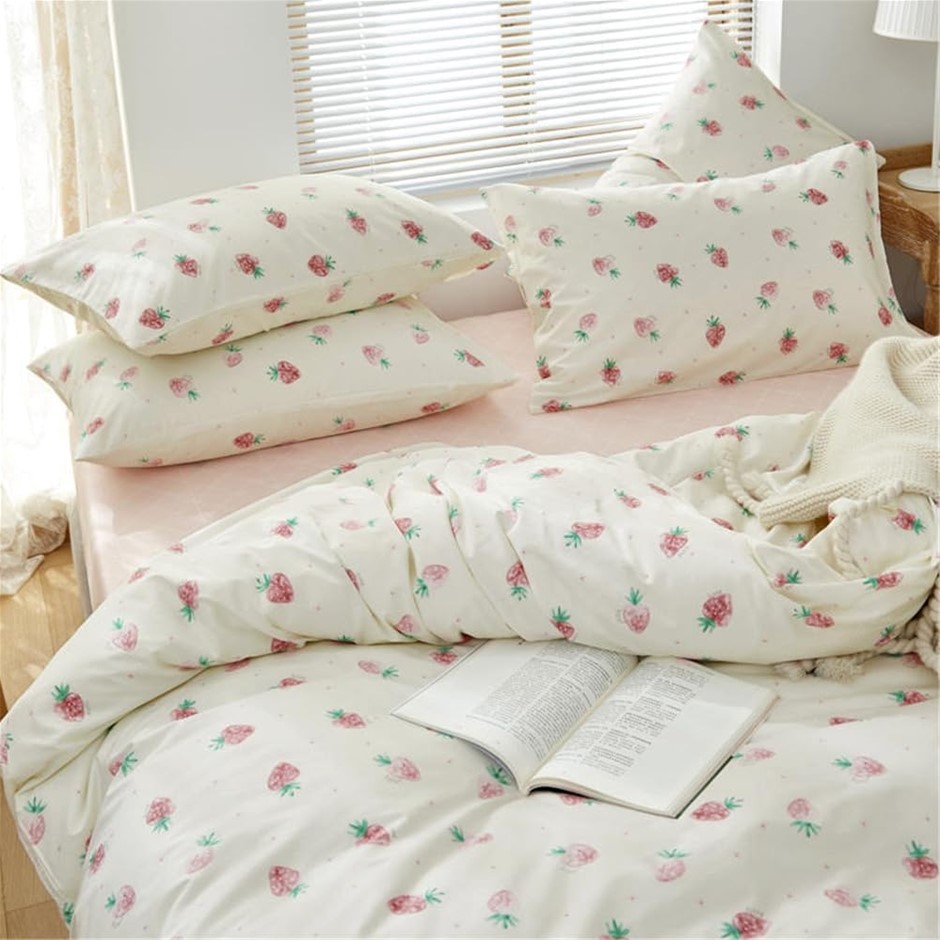 DREAMINGO Twin Size Duvet Cover Cotton Strawberry and Cream, 2 Pillowcases,