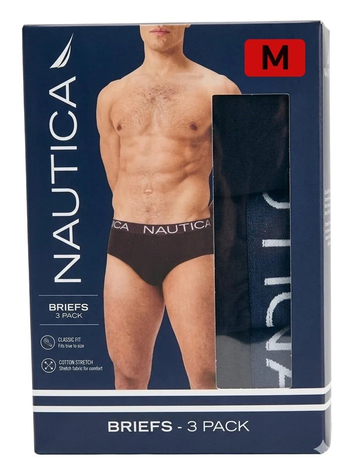 NAUTICA Men's 3 Pack Cotton Stretch Briefs, Size M, 95% Cotton, Black.