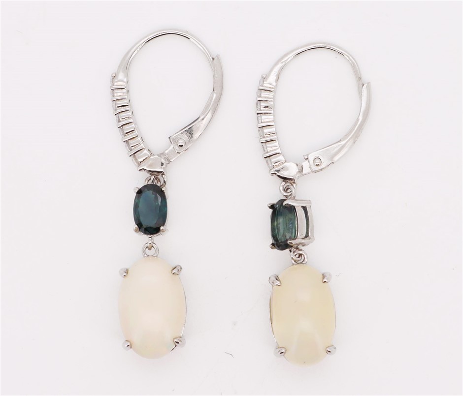 4.06 Carats Natural Opal & Blue Sapphire Earrings - 925 Silver