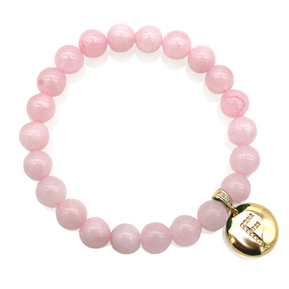 Round Rose Quartz & Letter 'F' Gold Plated with CZ Bracelet