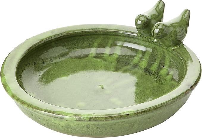 ESSCHERT Design FB489, Green Bird Bath Ceramic Round, 10.9 cm*32.9 cm*30.7