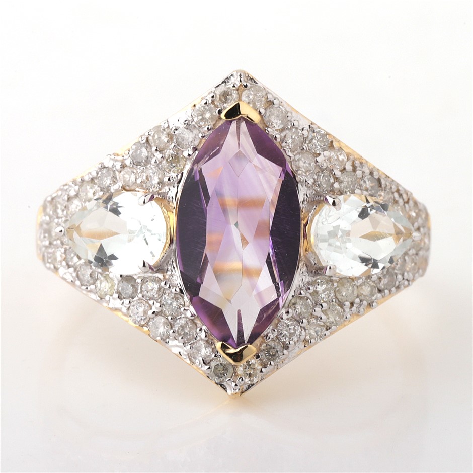 Yellow Gold Natural Amethyst & 0.55 Diamond Ring with Valuation