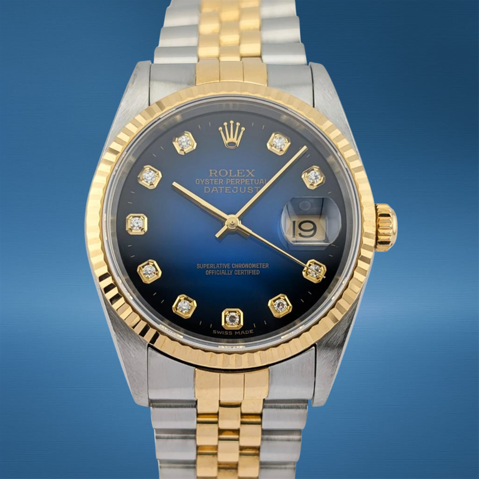 Rolex 16233G Datejust 36 Blue Vignette Diamond Dial 36mm K-Serial WxO COA