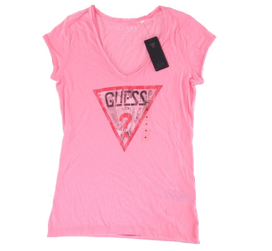 GUESS Women's Logo V-Neck Tee, Size M, Pink. Buyers Note - Discount Freigh