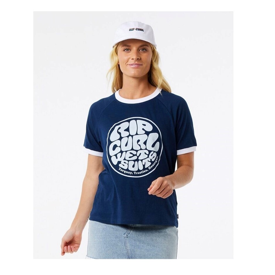 RIP CURL Women's Stephanie Gilmore Wettie Ringer Tee - Navy, Size 2XS. RRP: