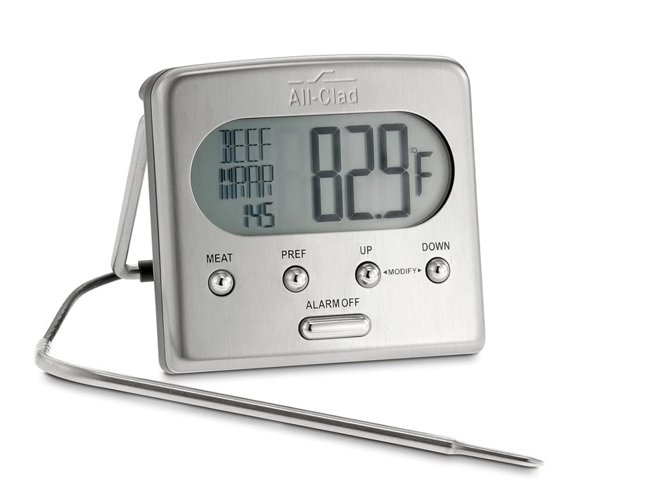 ALL-CLAD T223 Stainless Steel Oven Probe Thermometer with Blue LCD, Silver.