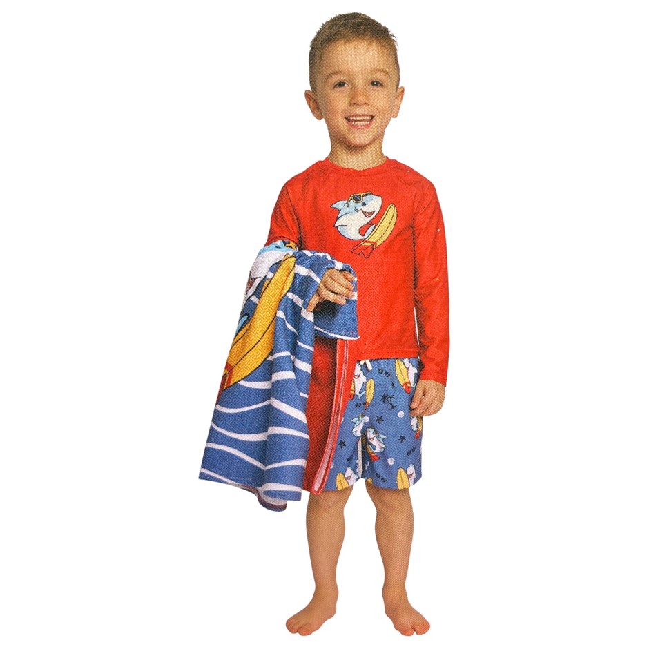 PEKKLE Kids' 3pc Rashguard Set, Size 5, Red Shark, Incl: Rashguard, Brief &