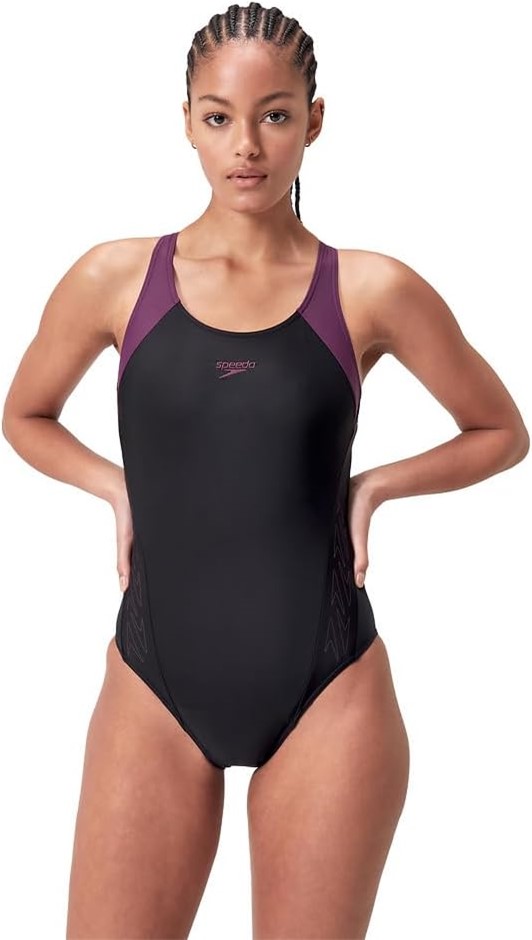 SPEEDO Women's Hyperboom Splice Racerback One Piece, Size 12, Black/Plum Da