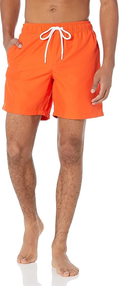 AMAZON ESSENTIALS Men's 7" Quick-Dry Swim Trunk, Size M, Orange.  Buyers No