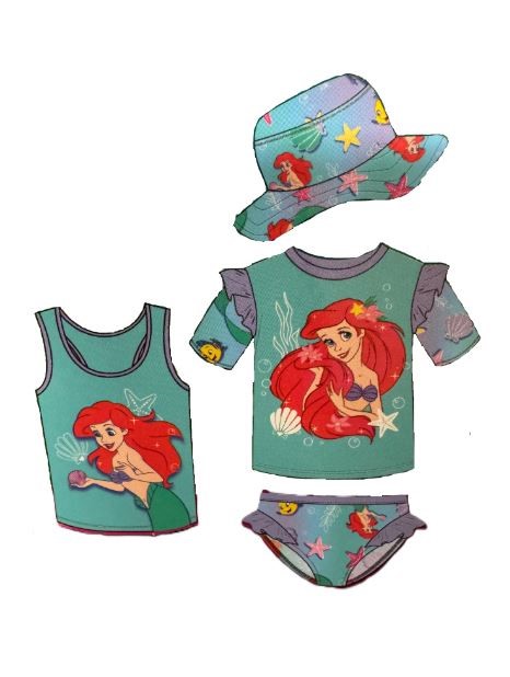 DISNEY PRINCESS Girl's Ariel Character 4 Piece Swim Set: Hat, Bottom, Vest,