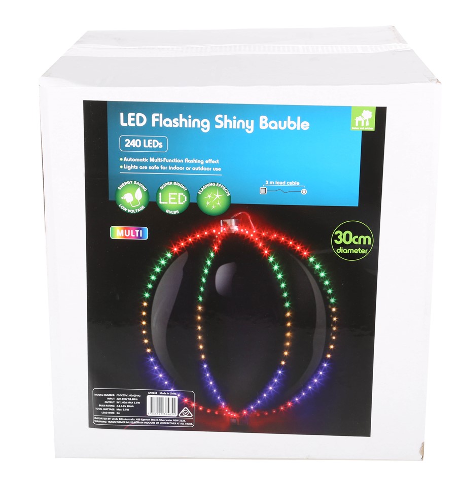 LED Flashing Shiny Bauble with 240 LED Multi Coloured Lights, 30cm. NB: Not