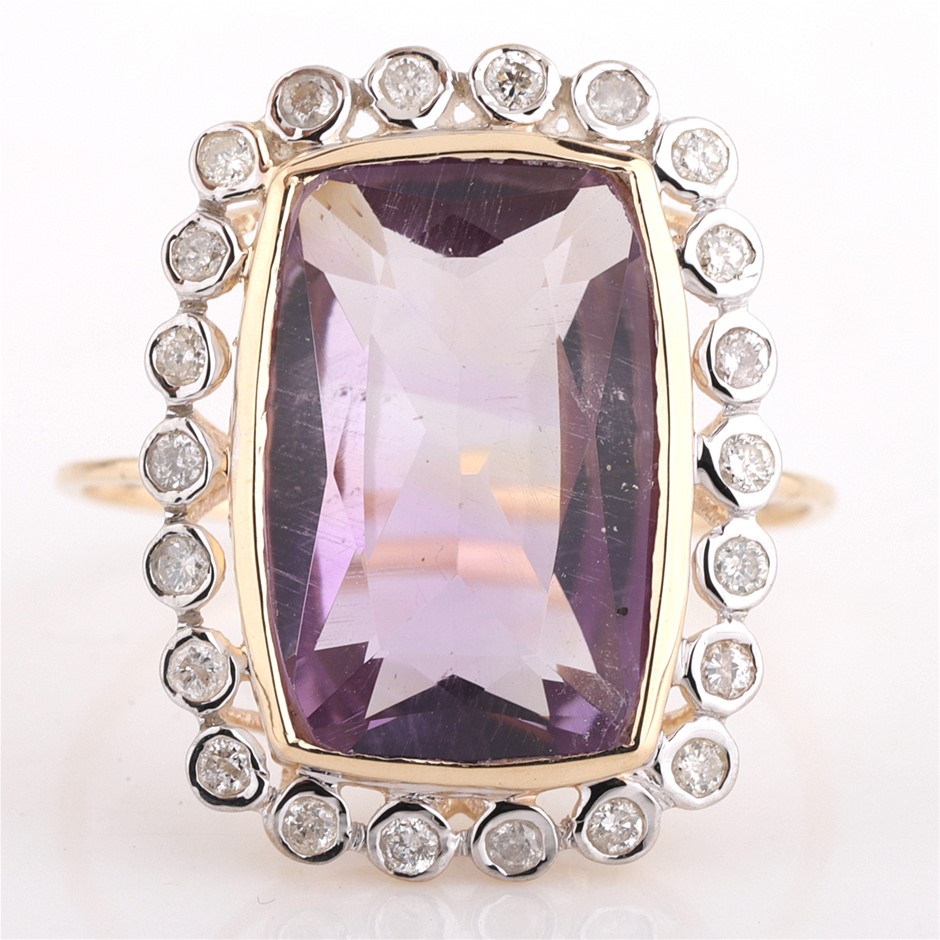 Yellow Gold Natural Amethyst & Diamond Ring  with Valuation