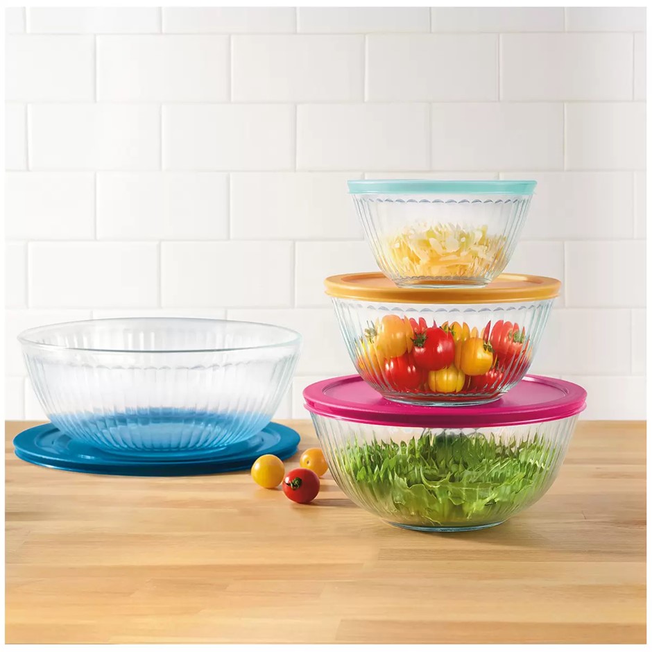 PYREX Mixing Bowls Set, 8pcs, 710ml, 1.3L, 2.85L & 4.3L Bowls. NB: 1 x bow