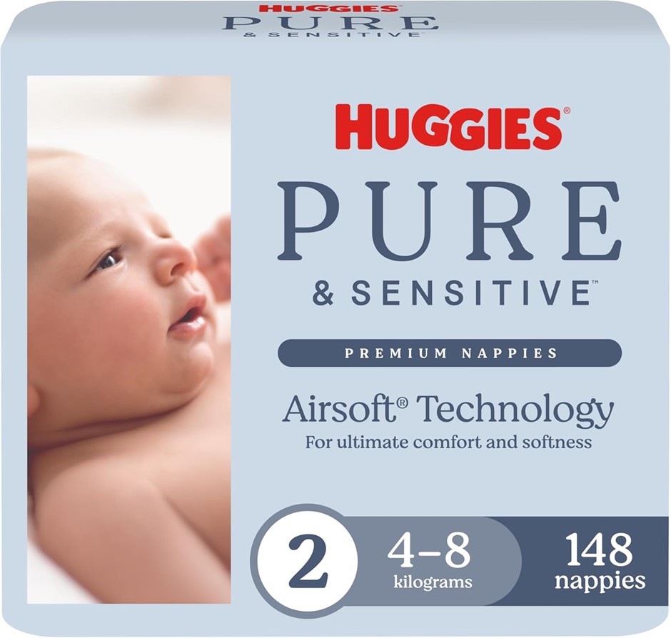 HUGGIES Pure & Sensitive Nappies, Size 2 (4-8 kg), 148 Count.