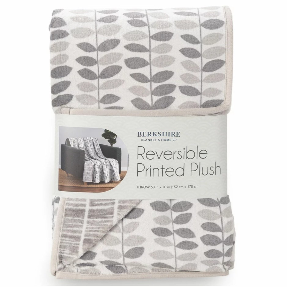 BERKSHIRE LIFE Reversible Printed Plush Throw, 152cm x 178cm, Grey.