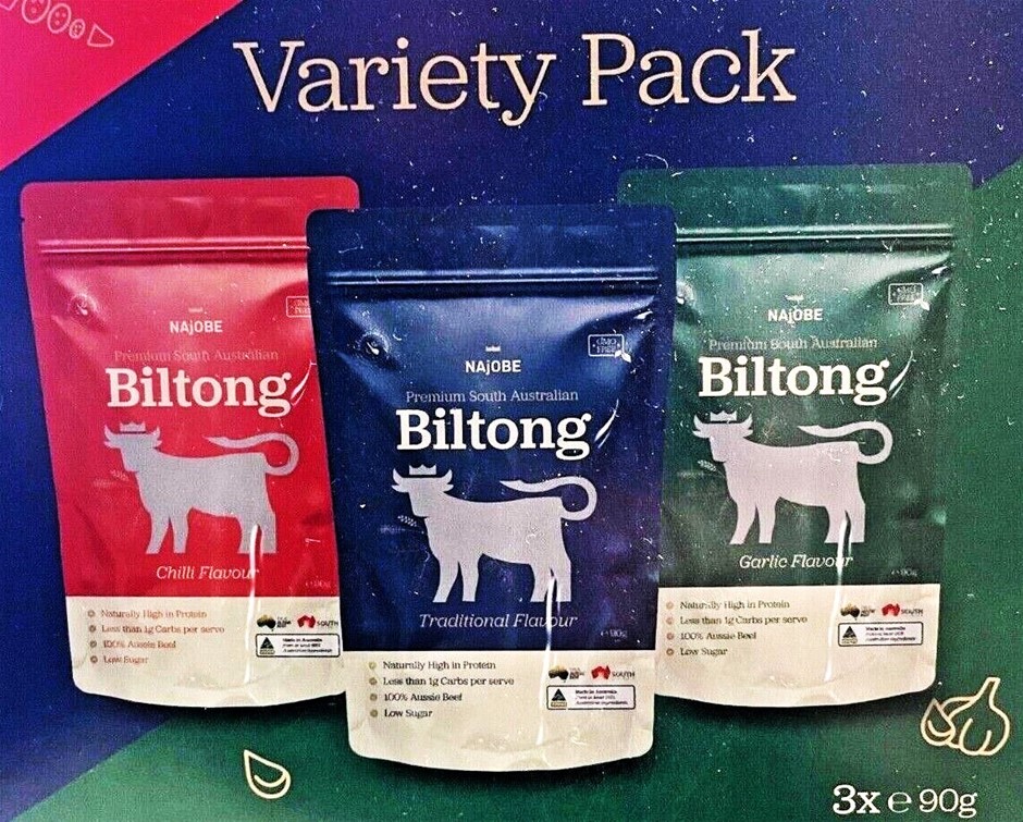 2 x Box of 3pk NAJOBE Premium Biltong Variety, 90g. N.B: Damaged packaging.