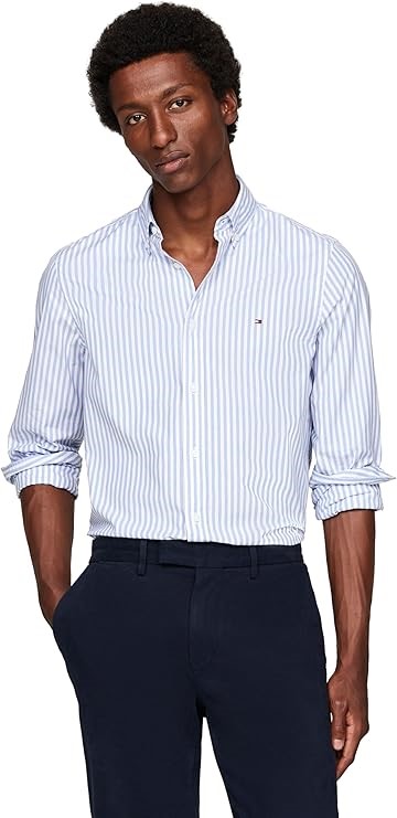 TOMMY HILFIGER Men's Classic POPLIN Stripe SF Shirt, Vessel Blue/Optic Whi