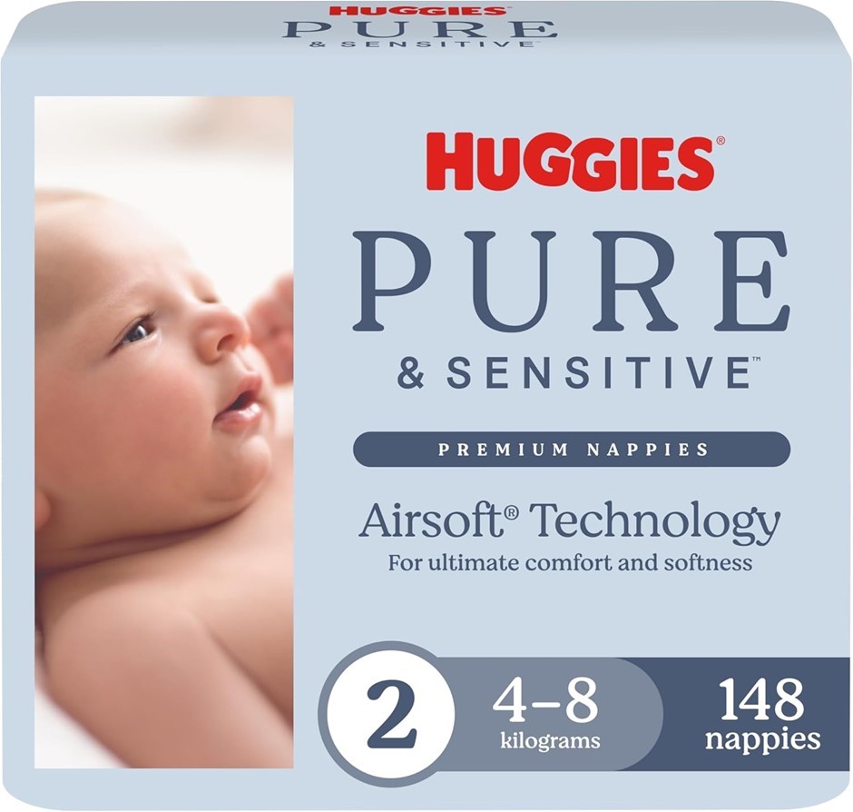 HUGGIES Pure & Sensitive Nappies, Size 2 (4-8 kg), 148 Count.