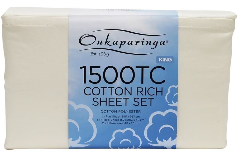 ONKAPARINGA 4pc 1500TC Cotton Rich Sheet Set. Size: King. Colour: Cream. NB