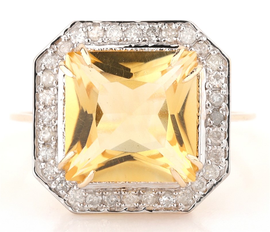 Yellow Gold Natural Citrine & Diamond Ring with Valuation