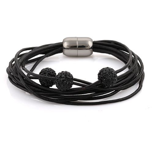 Black Leather Bracelet with Crystal Balls