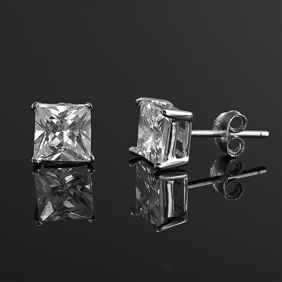 6mm Solid 925 Silver Square Earrings Featuring Crystals by Swarovski®