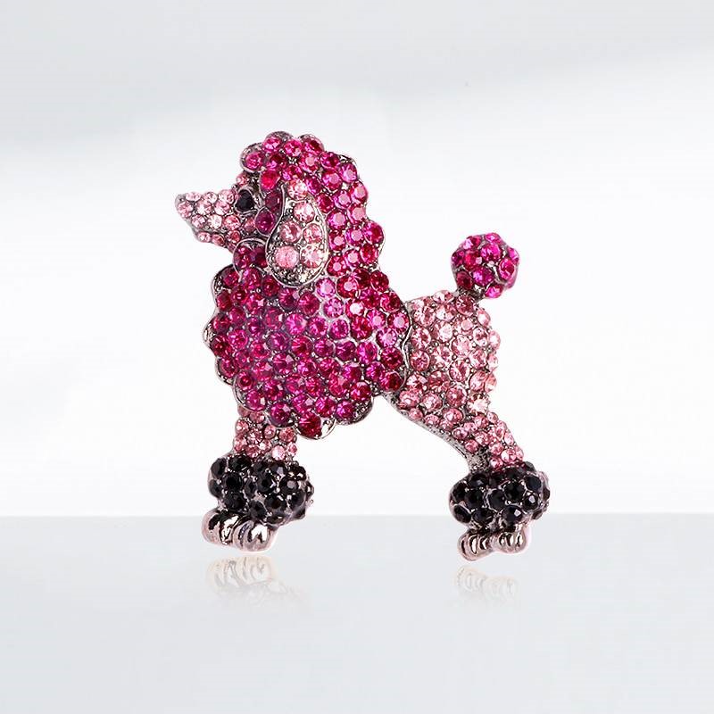 Designer Simulated Diamond Pink, Black Poodle Dog Brooch Pin