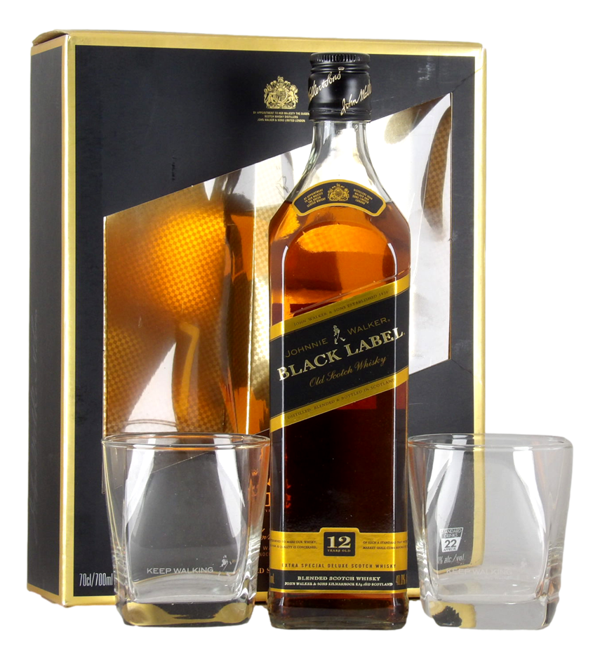 Johnnie Walker 12yr Black Label with 2 glasses  (1x 700mL), Scotland.