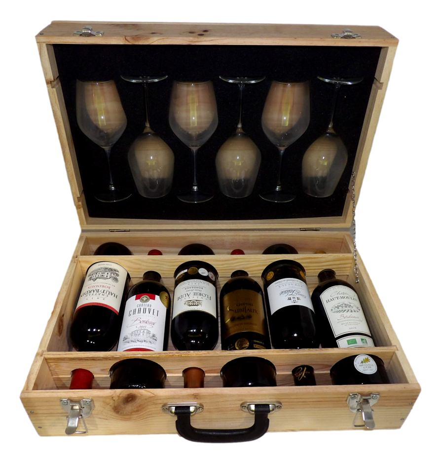 French Bordeaux Pack in Wooden Case with 6 glasses  (6x 750mL), France.