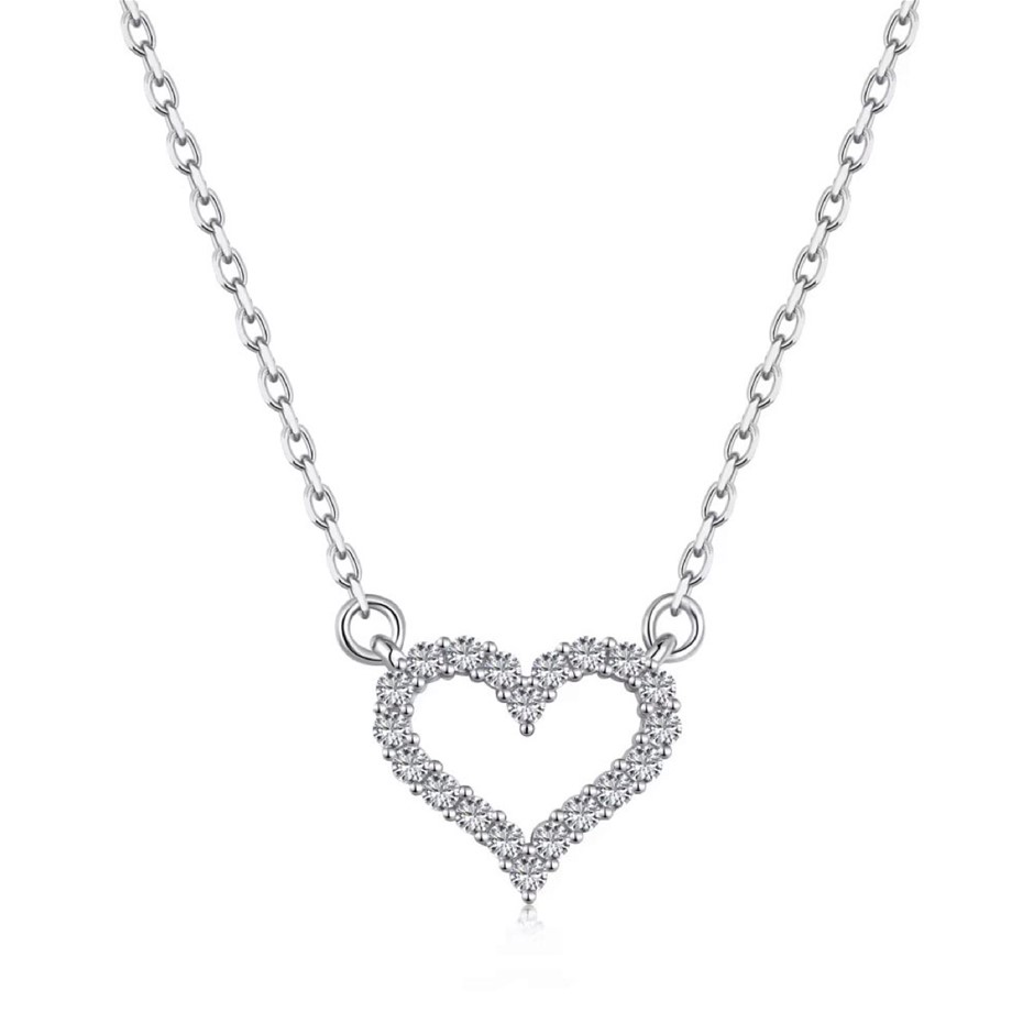 925 Sterling Silver Simulated Diamonds Hollow Heart Pendant Necklace